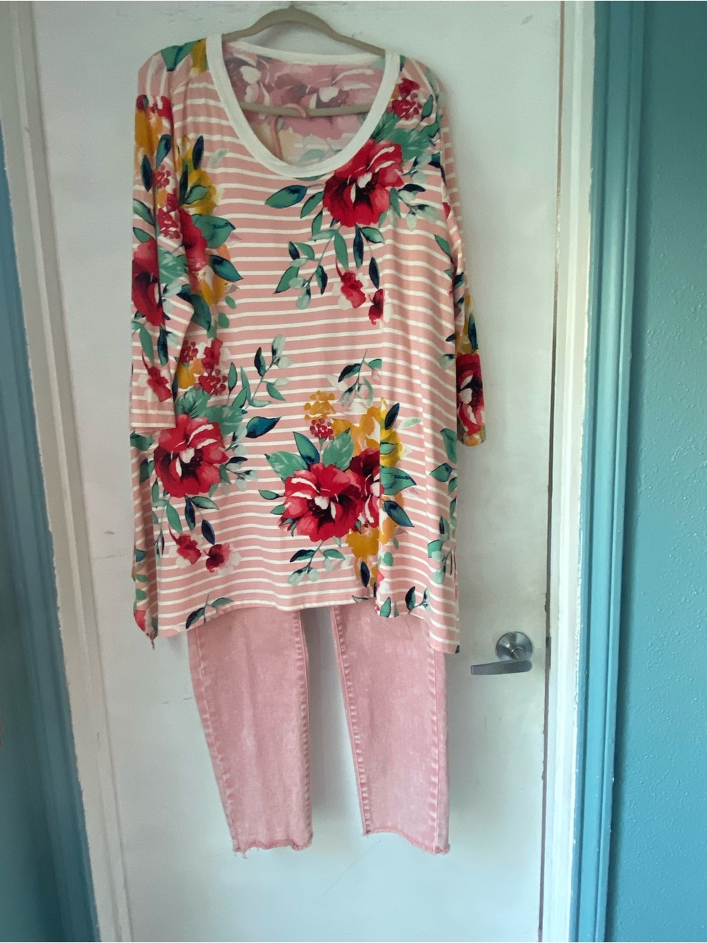 ODDY Pink Striped Floral Blouse with Multi-Color Blooms S 1 XL